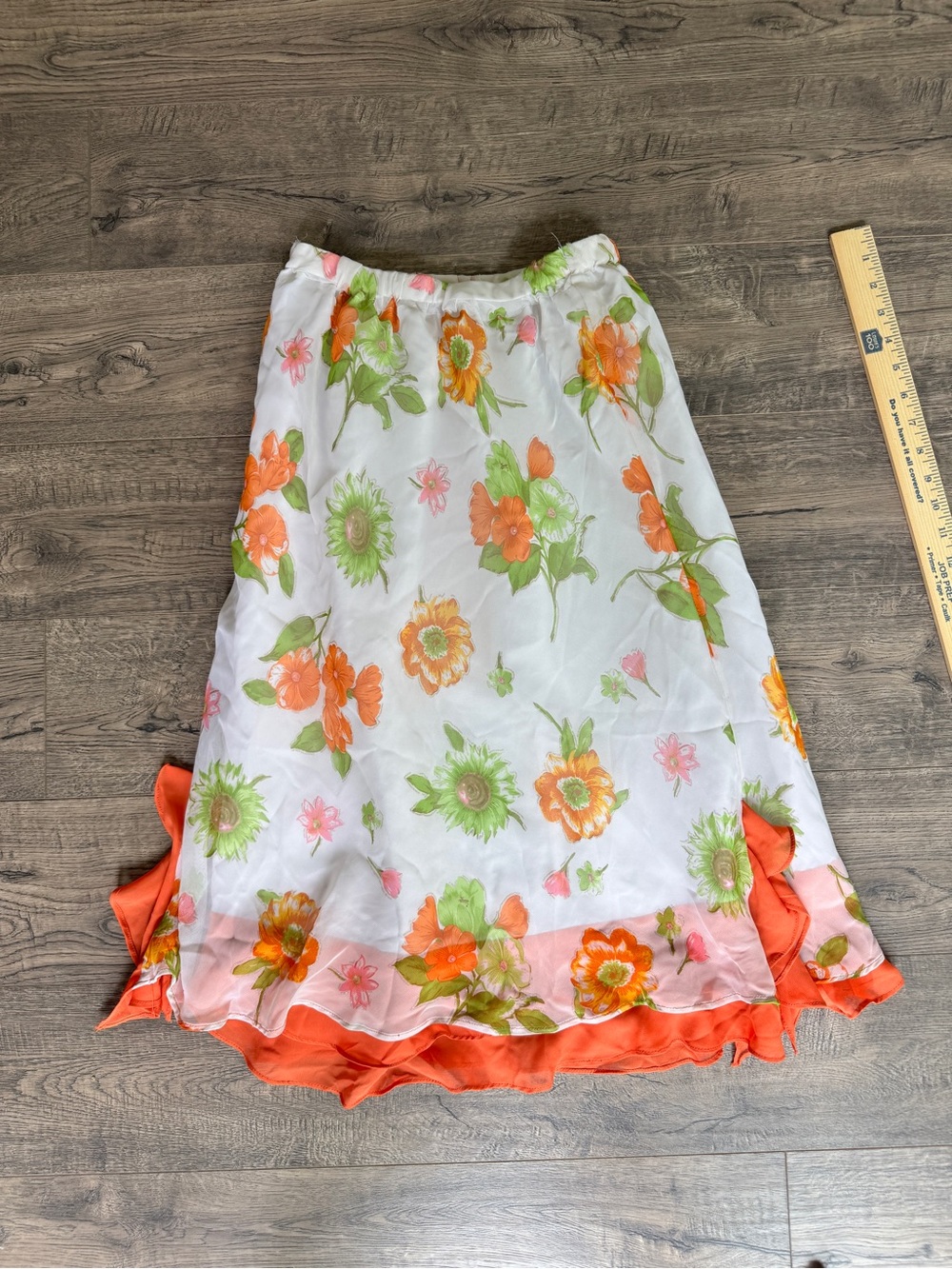 Floral Chiffon Midi Skirt in White with Orange & Green Accents